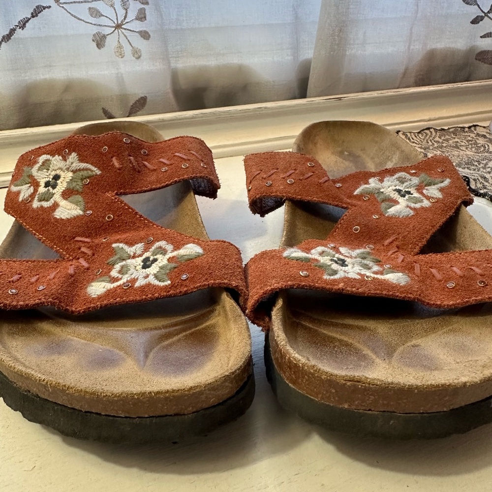 Birkenstock Betula Embroidered Rust Suede Slide Sandals with Embellishment